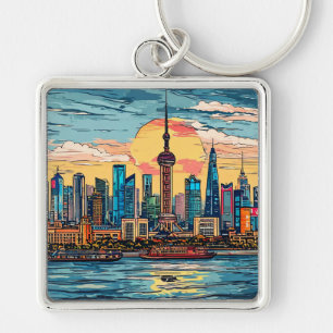 Shanghai city Waterfront Skyline at Sunset Keychain