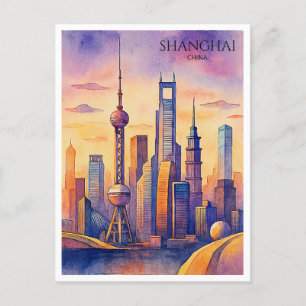Shanghai Skyline China Travel Watercolor  Holiday Postcard