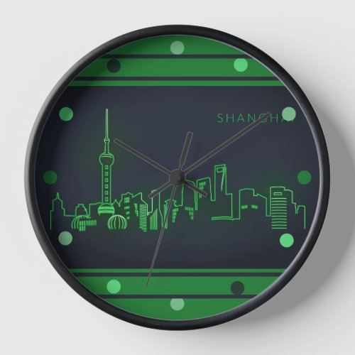 Shanghai Skyline Green Neon Look Cityscape  Wall R Clock