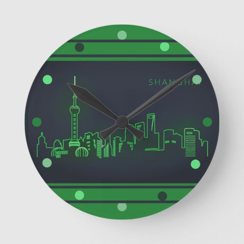 Shanghai Skyline Green Neon Look Cityscape  Wall Round Clock