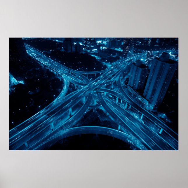 Shanghai Yanan Road overpass bridge at night with  Poster (Front)