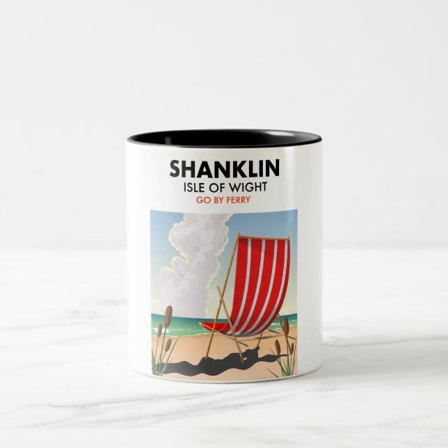 Shanklin Beach isle of wight travel poster. Two-Tone Coffee Mug (Center)