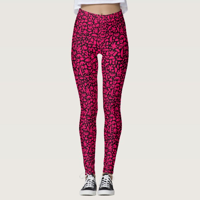 Shapes Abstract 140821 - Neon Red on Black Leggings (Front)