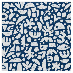 Shapes Abstract 140821 - White on Indigo Blue Fabric