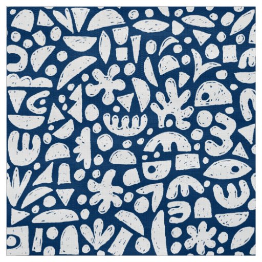 Shapes Abstract 140821 - White on Indigo Blue Fabric