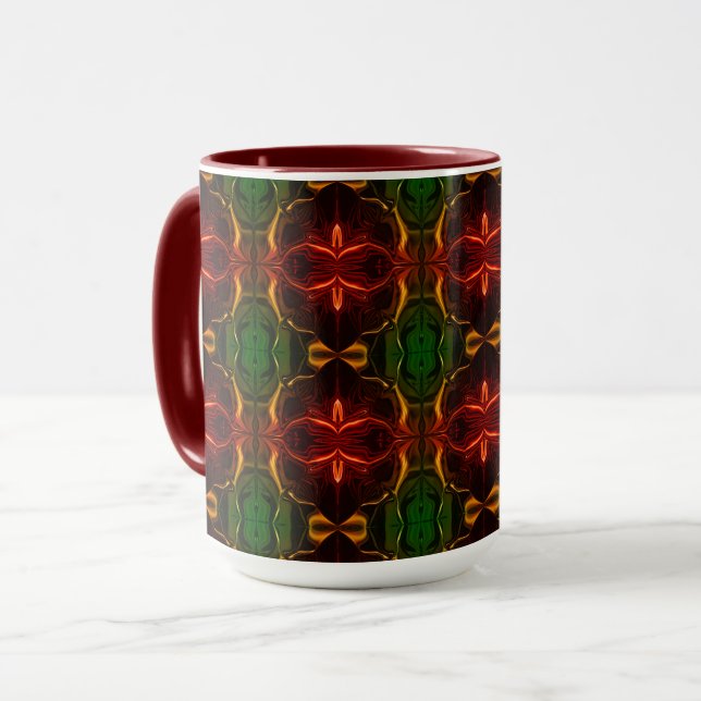 Shapes of "red strokes float" on green background mug (Front Left)