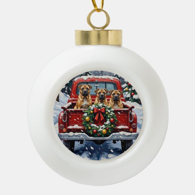 Shar Pei Christmas Red Truck Holiday Ceramic Ball Christmas Ornament (Front)