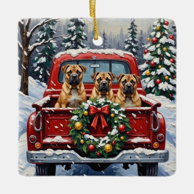 Shar Pei Christmas Red Truck Holiday Ceramic Ornament (Front)