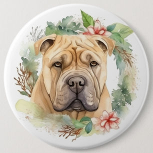 Shar Pei Christmas Wreath Festive Pup Button