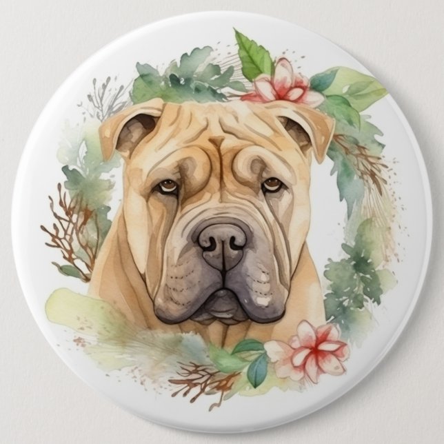 Shar Pei Christmas Wreath Festive Pup  Button (Front)