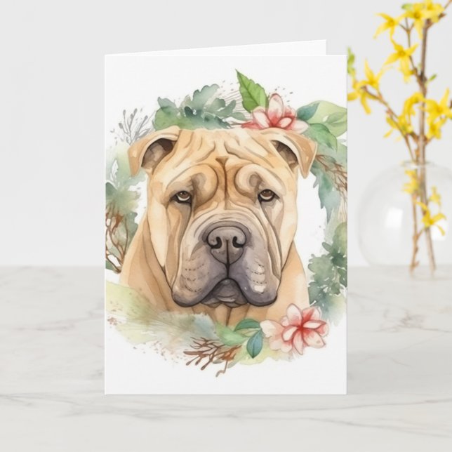 Shar Pei Christmas Wreath Festive Pup  Card (Yellow Flower)