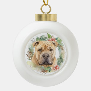Shar Pei Christmas Wreath Festive Pup Ceramic Ball Christmas Ornament