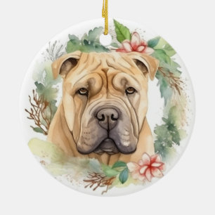 Shar Pei Christmas Wreath Festive Pup Ceramic Ornament