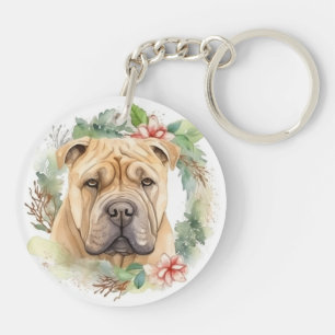 Shar Pei Christmas Wreath Festive Pup Keychain