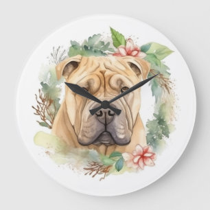 Shar Pei Christmas Wreath Festive Pup Large Clock