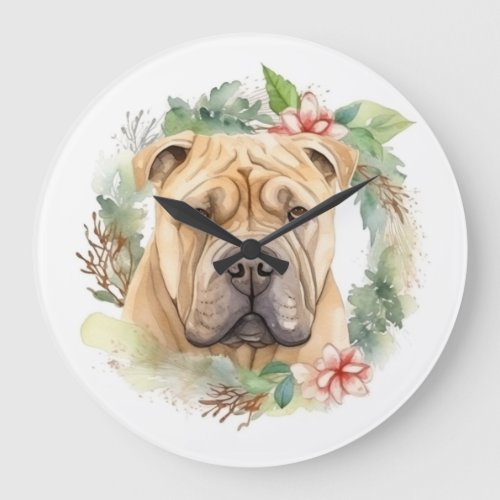 Shar Pei Christmas Wreath Festive Pup  Large Clock