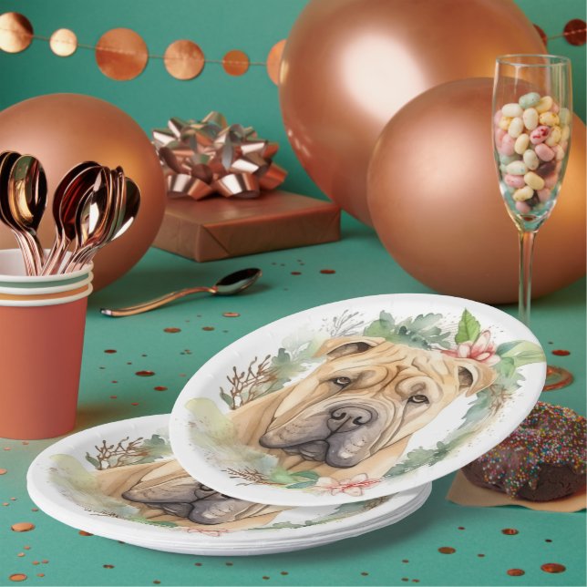 Shar Pei Christmas Wreath Festive Pup  Paper Plates (Multi)