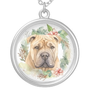 Shar Pei Christmas Wreath Festive Pup Silver Plated Necklace
