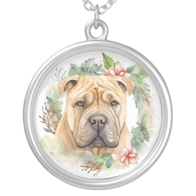 Shar Pei Christmas Wreath Festive Pup  Silver Plated Necklace (Front)
