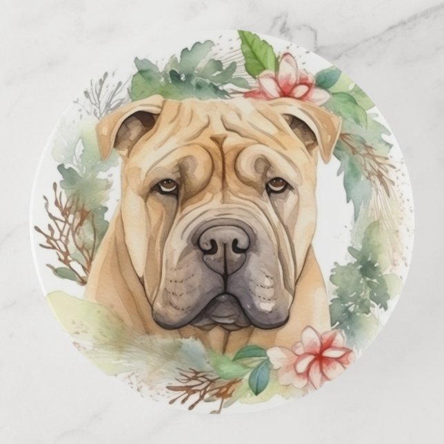 Shar Pei Christmas Wreath Festive Pup  Trinket Tray (Front)