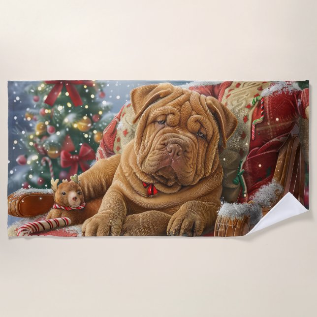 Shar Pei Dog Christmas Festive Beach Towel (Front)