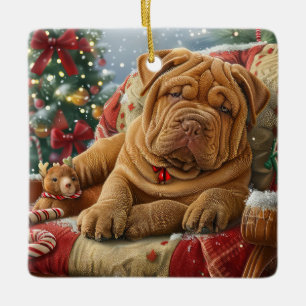 Shar Pei Dog Christmas Festive Ceramic Ornament