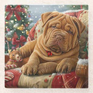 Shar Pei Dog Christmas Festive Glass Coaster