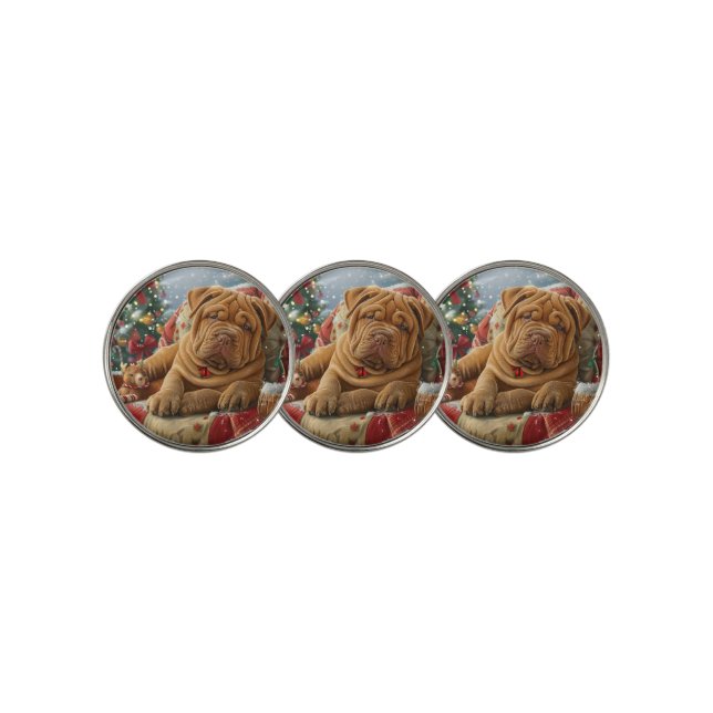 Shar Pei Dog Christmas Festive Golf Ball Marker (3 Up)