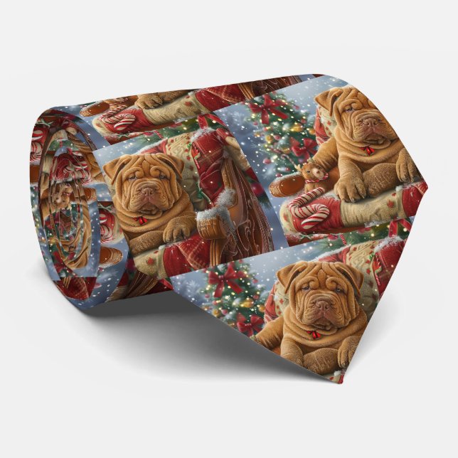 Shar Pei Dog Christmas Festive Neck Tie (Rolled)