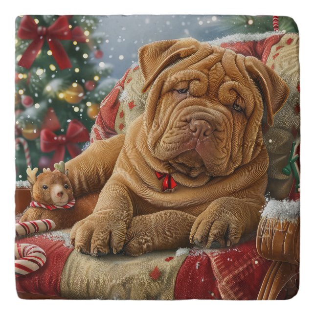 Shar Pei Dog Christmas Festive Trivet (Front)
