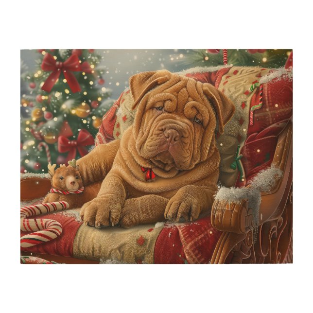 Shar Pei Dog Christmas Festive Wood Wall Art (Front)