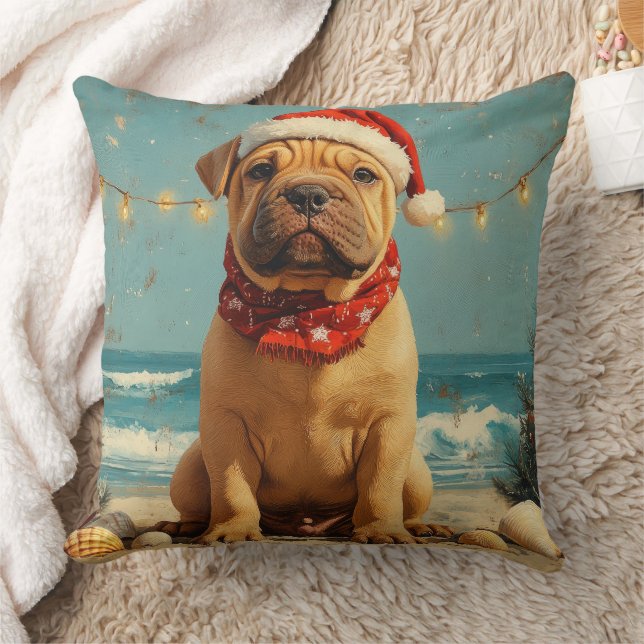 Shar Pei Dog Christmas Vintage Beach Throw Pillow (Blanket)