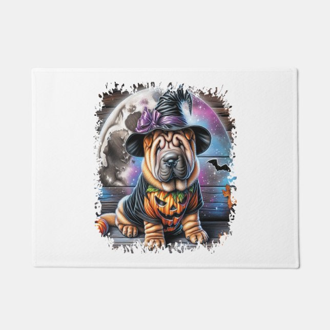 Shar Pei Dog Halloween Square Doormat (Front)