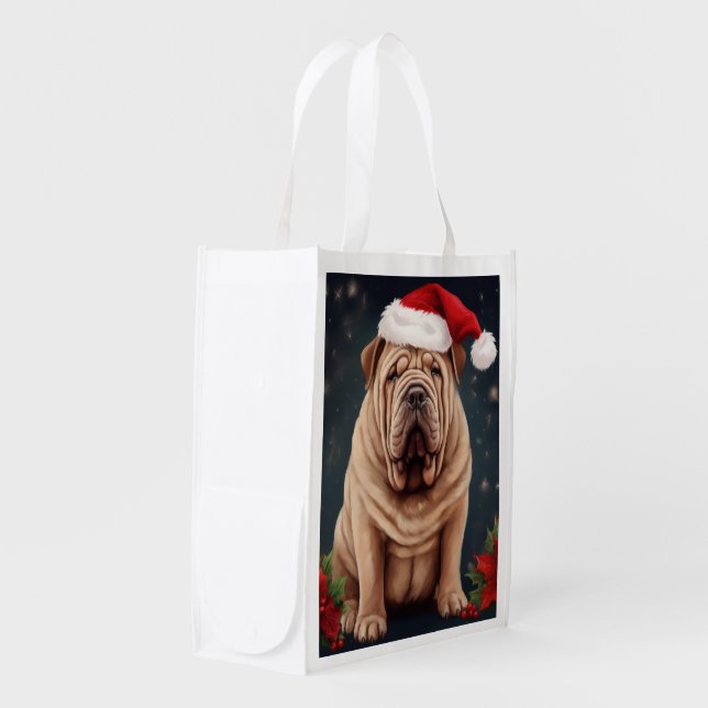 Shar Pei Dog in Snow Christmas  Grocery Bag (Front Side)