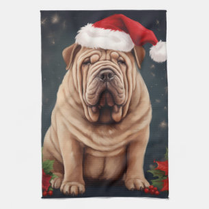 Shar Pei Dog in Snow Christmas Kitchen Towel