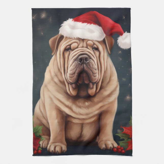 Shar Pei Dog in Snow Christmas  Kitchen Towel (Vertical)