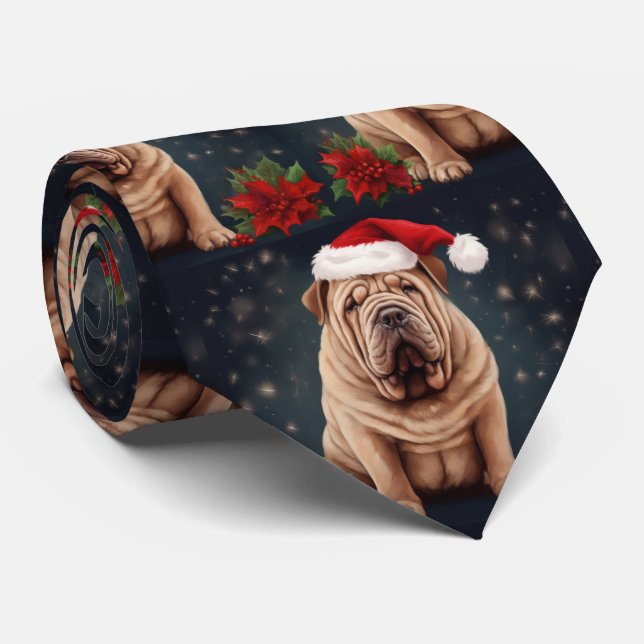 Shar Pei Dog in Snow Christmas  Neck Tie (Rolled)