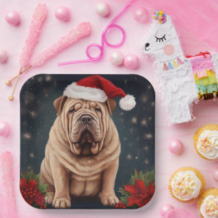 Shar Pei Dog in Snow Christmas  Paper Plates