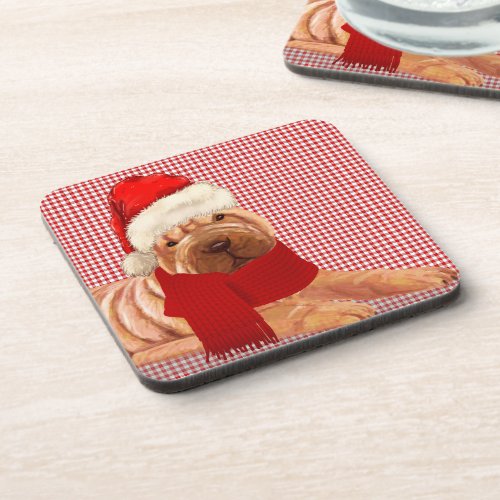 Shar Pei Dog Red Checkered Holiday Christmas Beverage Coaster