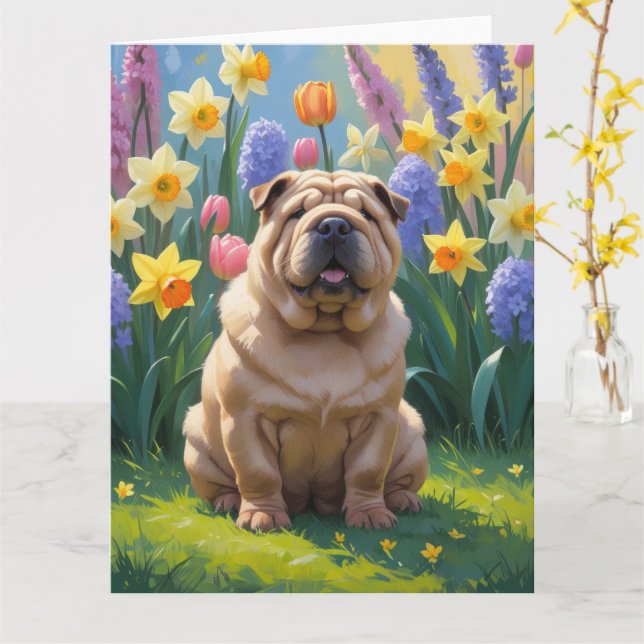 Shar Pei Dog Spring Flowers Painting Card (Yellow Flower)