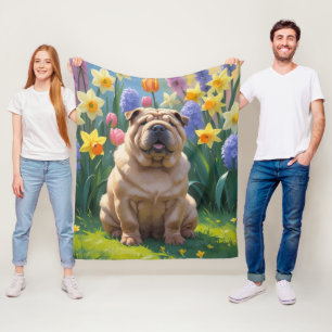 Shar Pei Dog Spring Flowers Painting Fleece Blanket