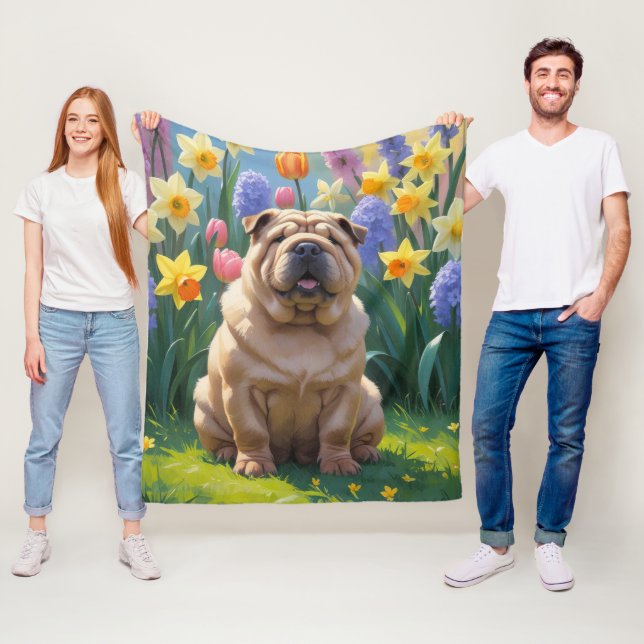 Shar Pei Dog Spring Flowers Painting Fleece Blanket (In Situ)
