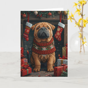 Shar Pei Dog With Christmas Gifts Fireplace Card