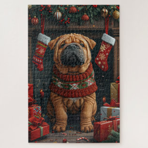 Shar Pei Dog With Christmas Gifts Fireplace Jigsaw Puzzle