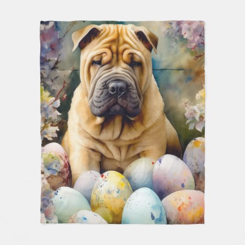 Shar Pei Dog with Easter Eggs Holiday  Fleece Blanket