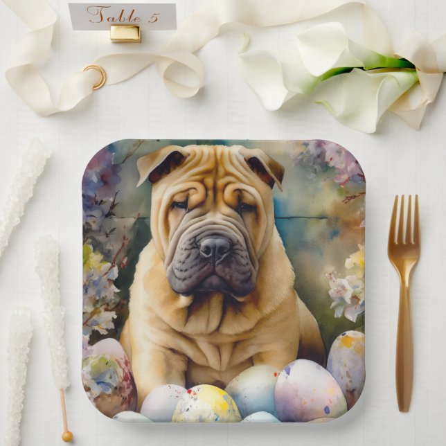 Shar Pei Dog with Easter Eggs Holiday  Paper Plates (Wedding)