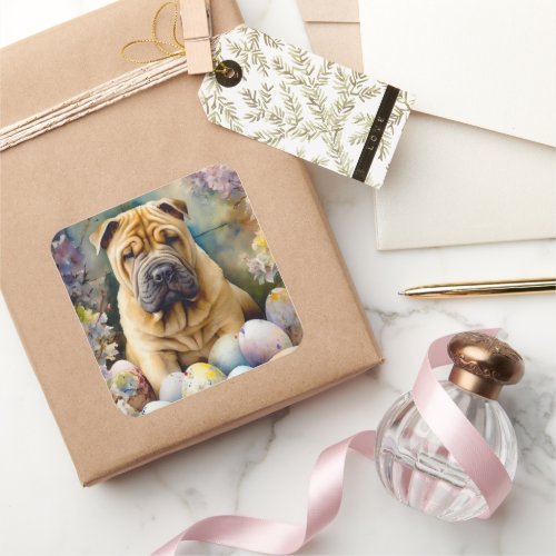 Shar Pei Dog with Easter Eggs Holiday  Square Sticker
