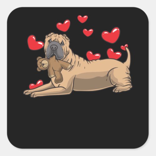 Shar Pei Dog With Stuffed Animal And Hearts Square Sticker