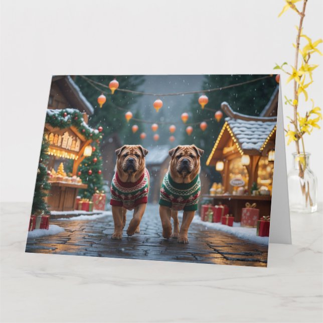 Shar Pei  Dogs Christmas Snow Holiday Card (Yellow Flower)