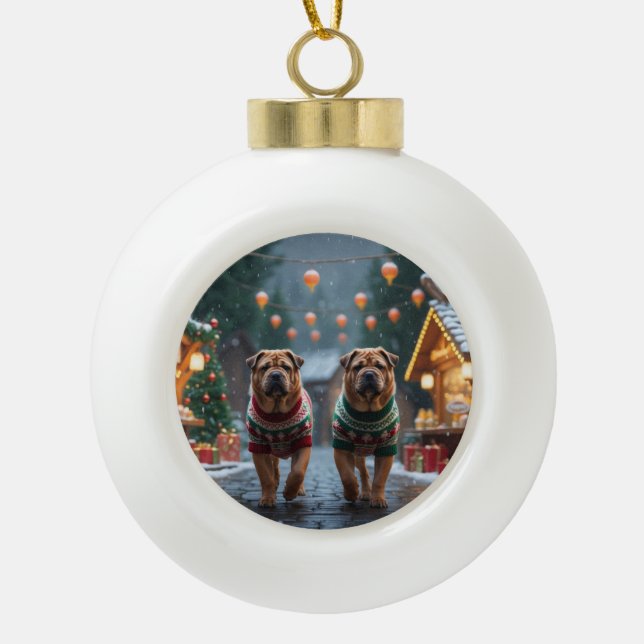 Shar Pei  Dogs Christmas Snow Holiday Ceramic Ball Christmas Ornament (Front)